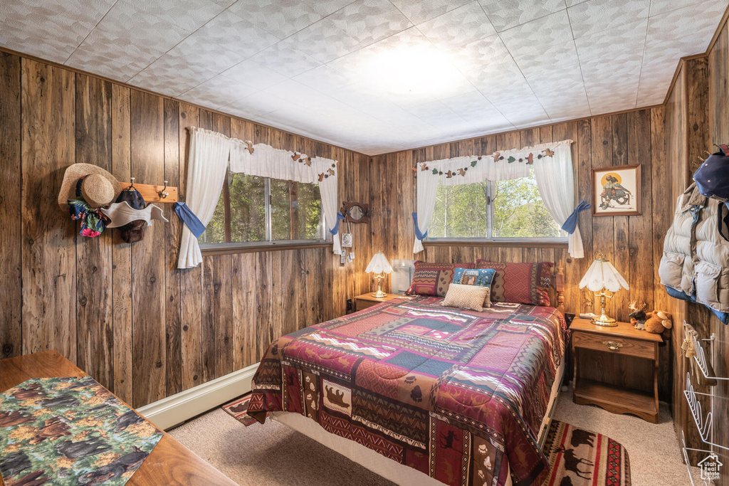 Carpeted bedroom featuring wooden walls