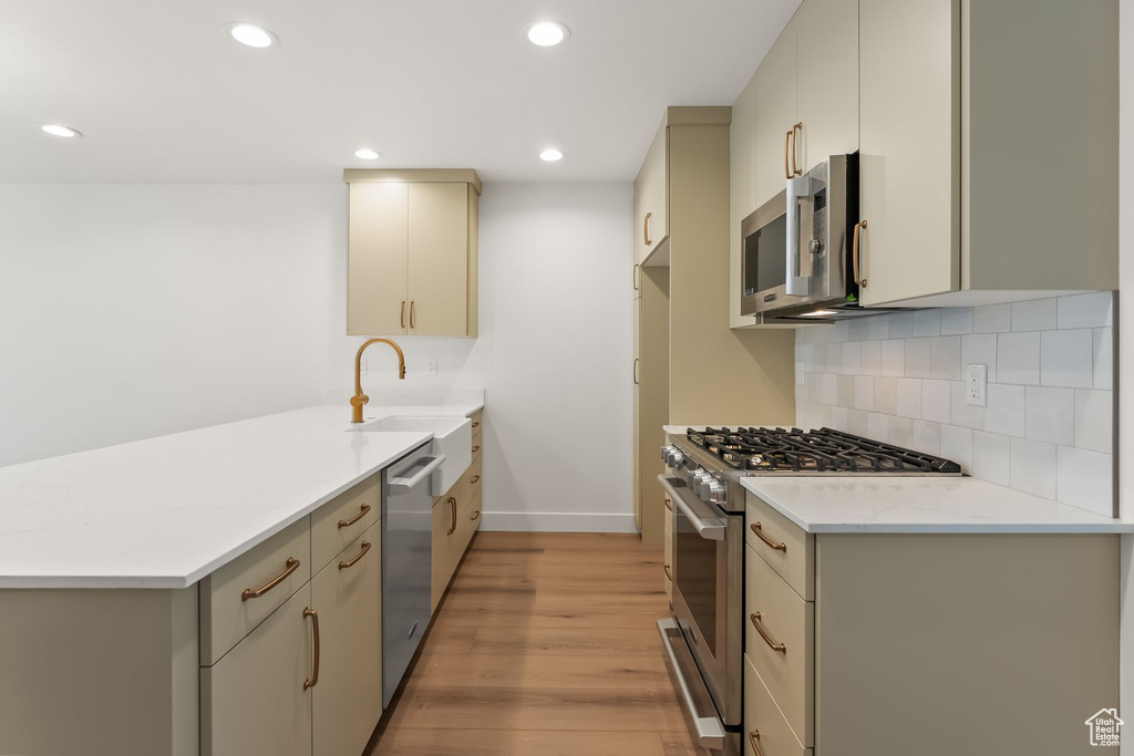 Kitchen with stainless steel appliances, backsplash, light hardwood / wood-style flooring, and sink