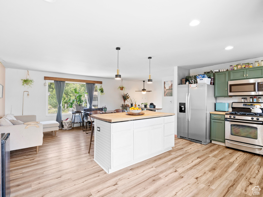 Kitchen with stainless steel appliances, green cabinetry, light hardwood / wood-style flooring, and ceiling fan