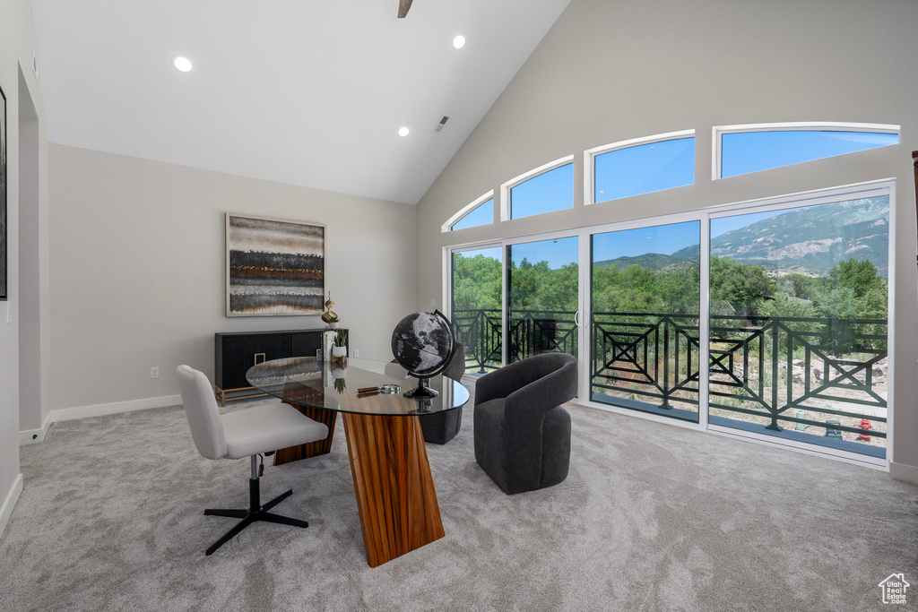 Carpeted office featuring high vaulted ceiling