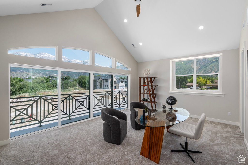 Interior space with high vaulted ceiling and carpet flooring