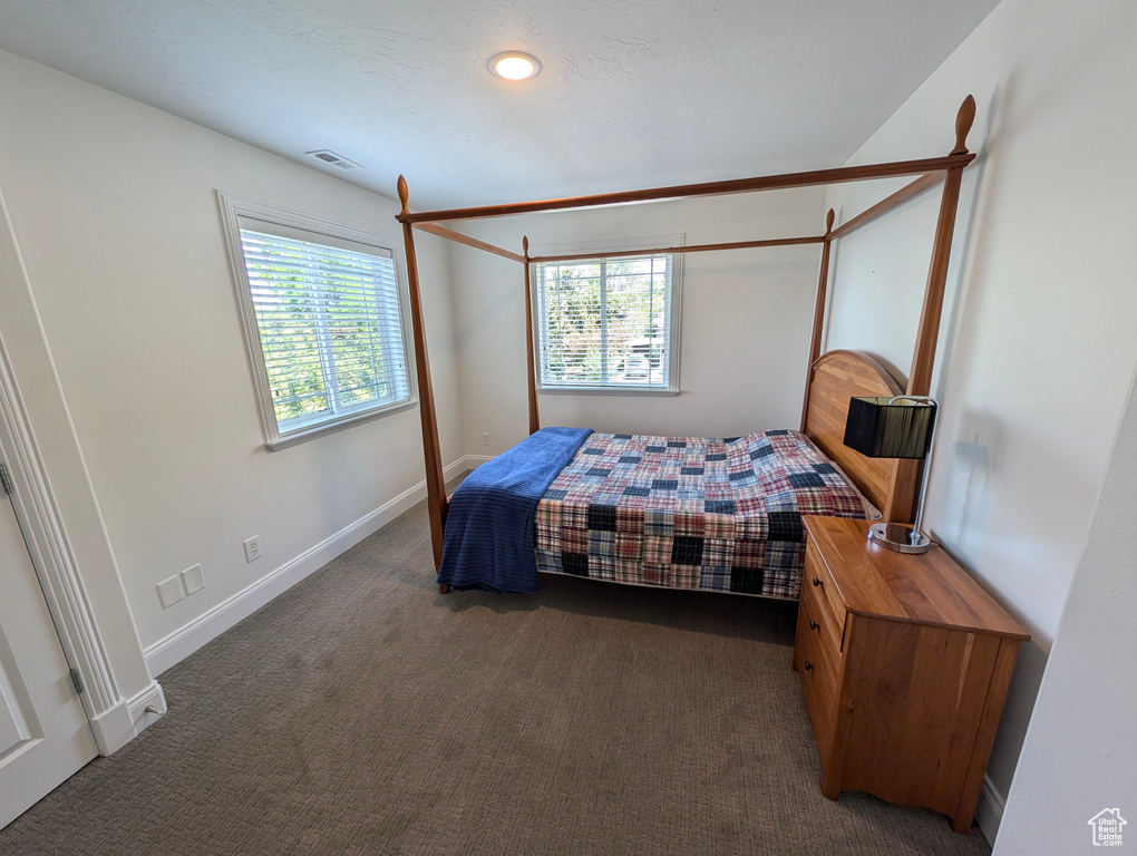 Bedroom with dark colored carpet