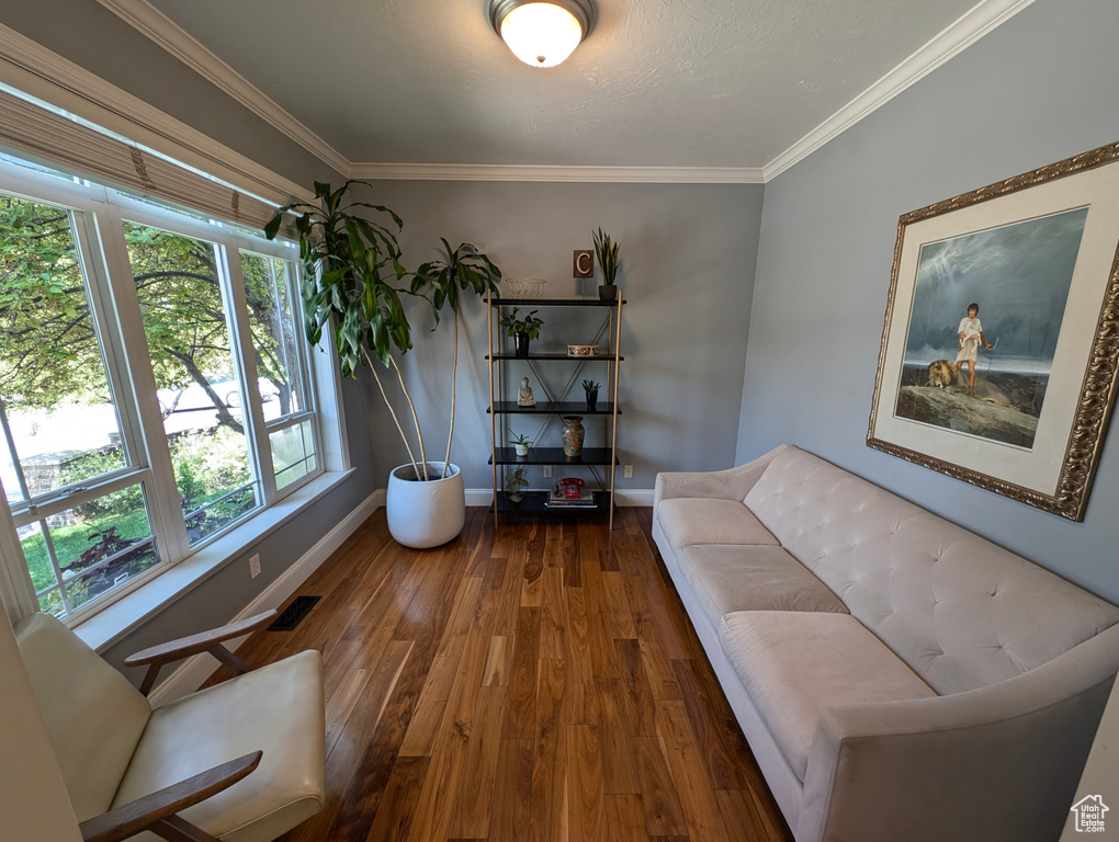 Living room with crown molding and hardwood / wood-style floors