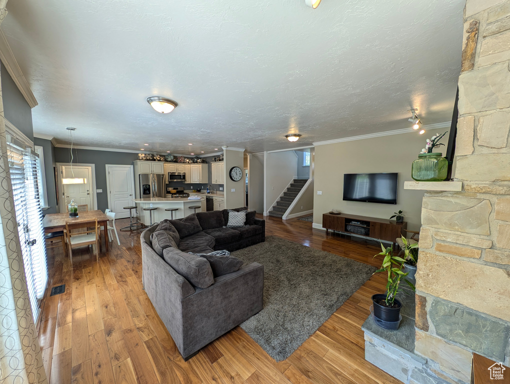 Living room featuring a textured ceiling, light hardwood / wood-style flooring, and ornamental molding