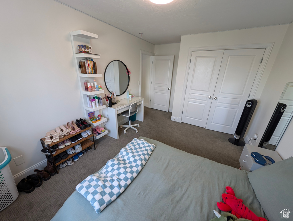 Carpeted bedroom featuring a closet