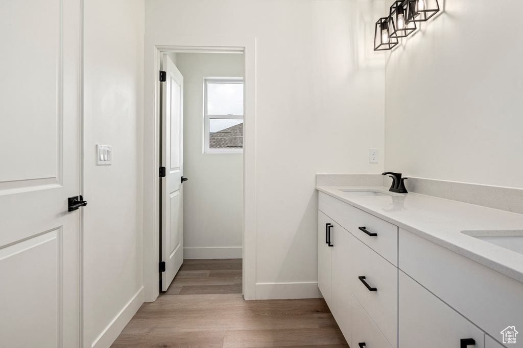 Bathroom with vanity and wood-type flooring