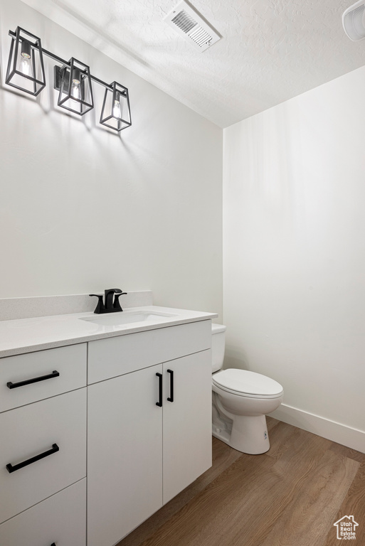 Bathroom with vanity, a textured ceiling, wood-type flooring, and toilet