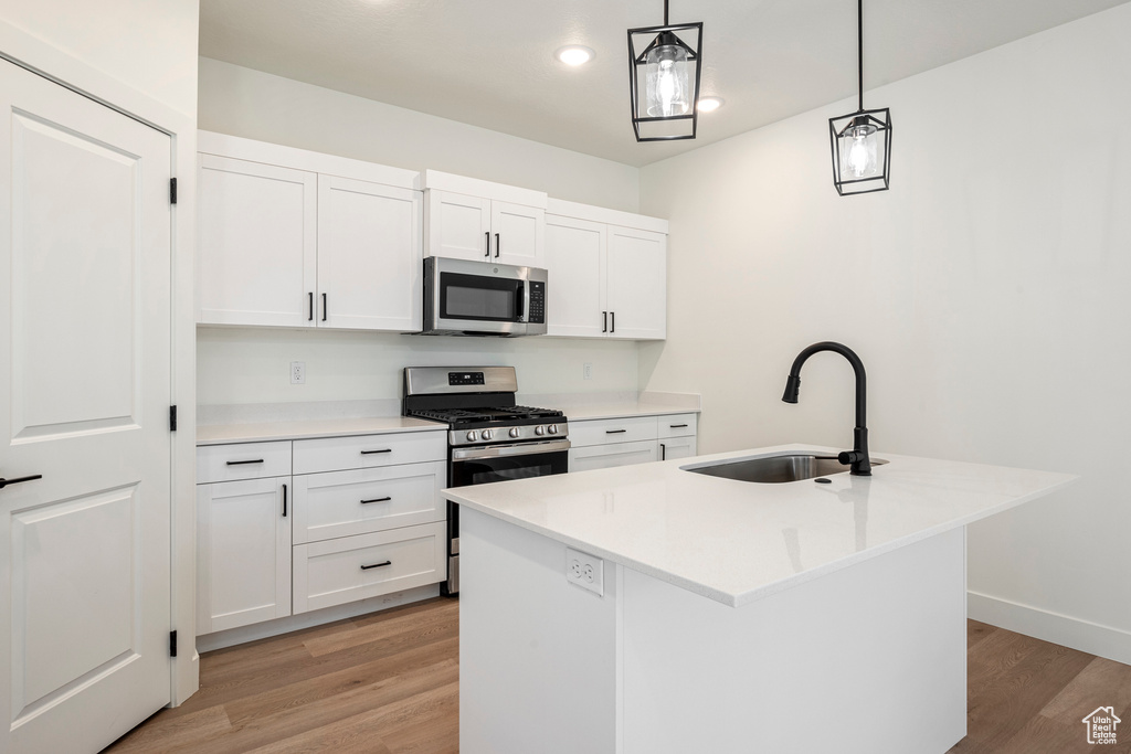 Kitchen with light hardwood / wood-style floors, appliances with stainless steel finishes, sink, decorative light fixtures, and a center island with sink