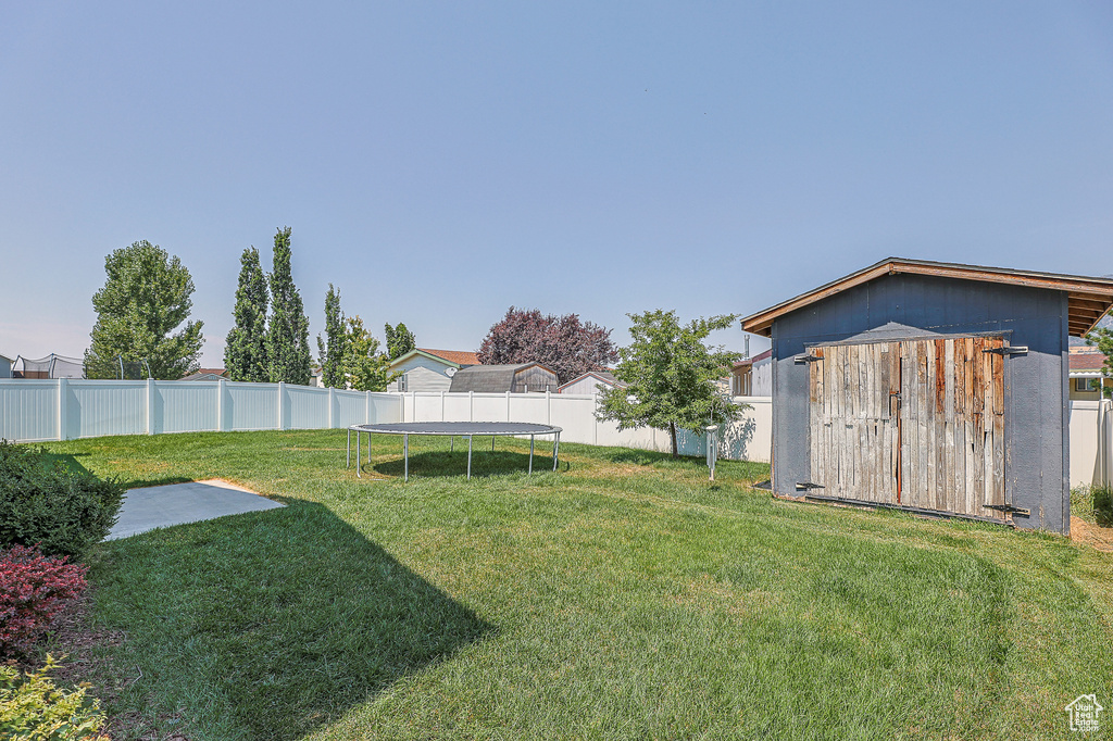 View of yard featuring a trampoline and a storage shed