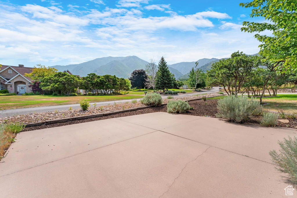 View of patio featuring a mountain view