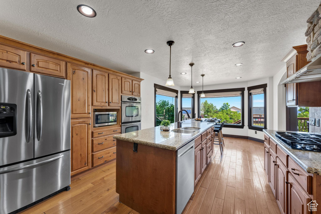 Kitchen with hanging light fixtures, light wood-type flooring, an island with sink, and stainless steel appliances