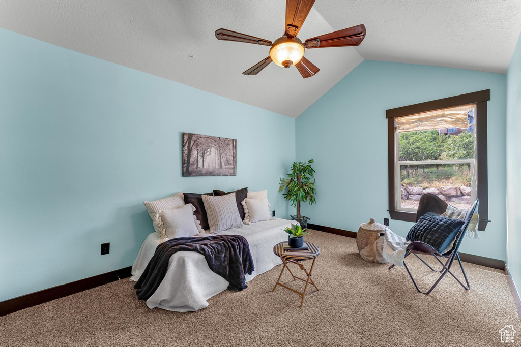 Carpeted living room with ceiling fan and vaulted ceiling