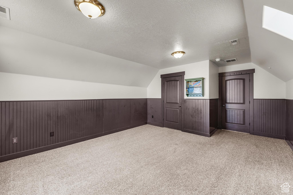 Additional living space featuring carpet, a textured ceiling, and lofted ceiling