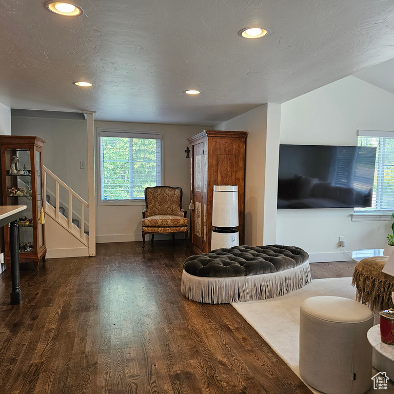 Living room featuring dark hardwood / wood-style flooring and lofted ceiling