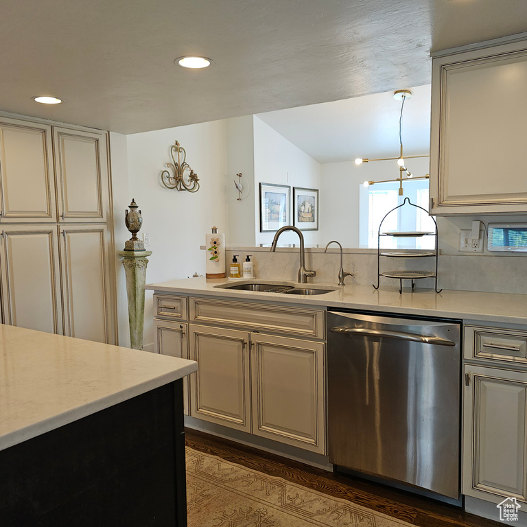 Kitchen featuring sink, dishwasher, tasteful backsplash, and dark wood-type flooring