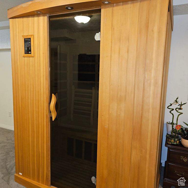 View of sauna / steam room featuring carpet flooring