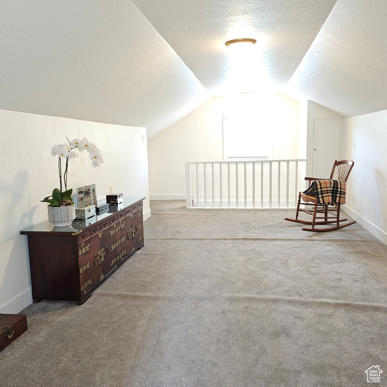 Sitting room with a textured ceiling, carpet flooring, and vaulted ceiling