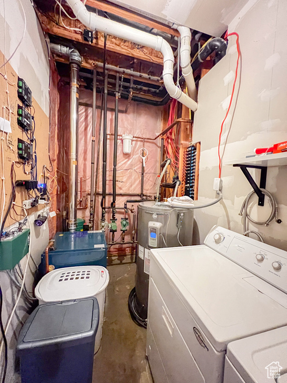 Laundry area featuring washing machine and clothes dryer and electric water heater