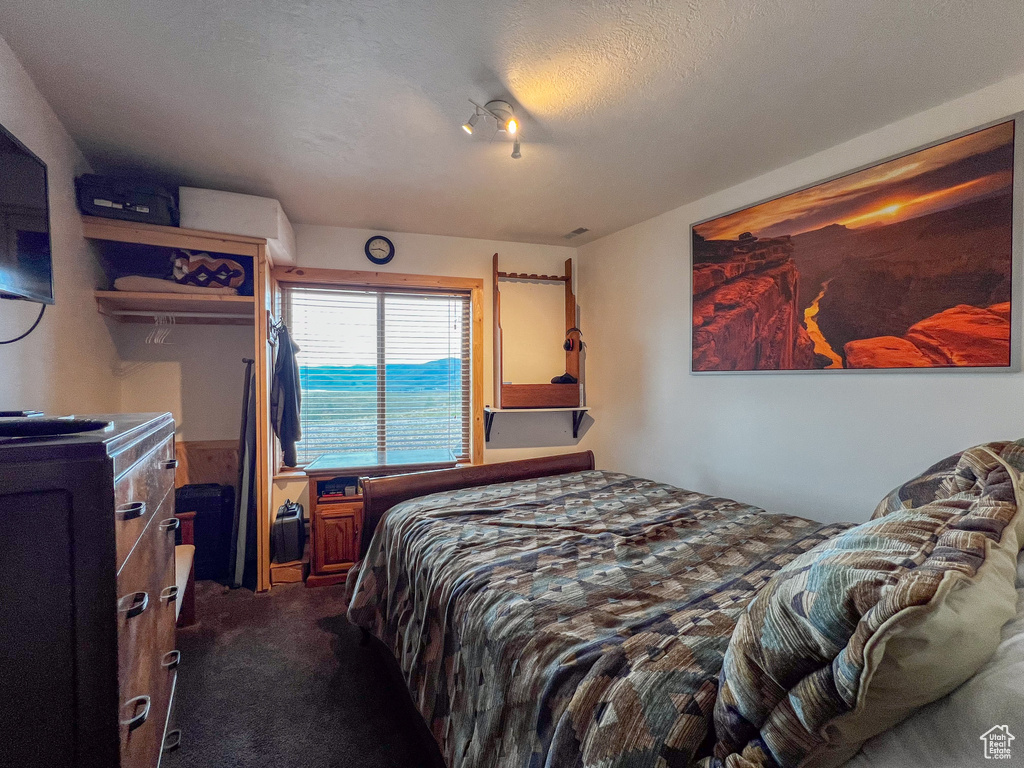 Carpeted bedroom with a textured ceiling