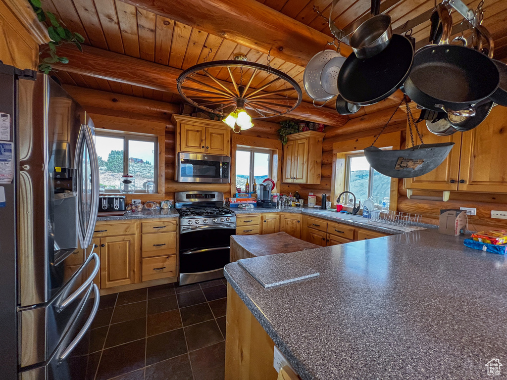 Kitchen featuring wood ceiling, log walls, and stainless steel appliances