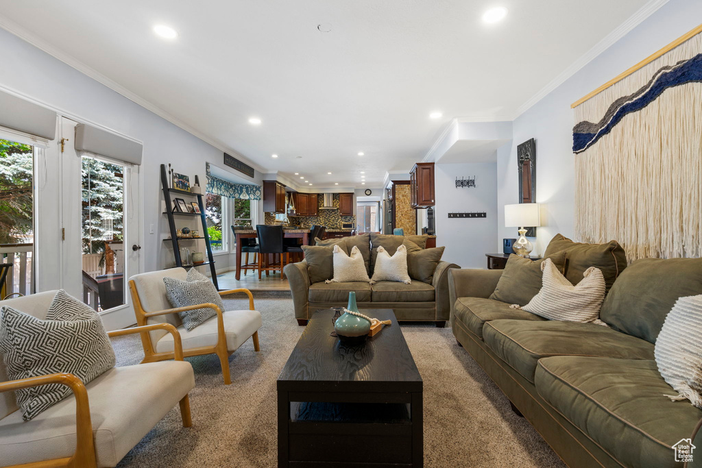 Carpeted living room with ornamental molding