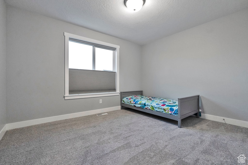 Carpeted bedroom with a textured ceiling