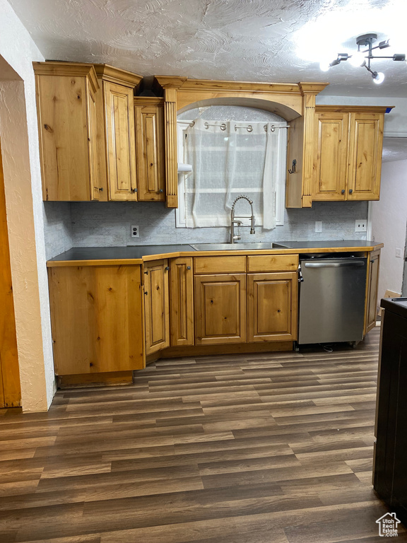 Kitchen featuring sink, dishwasher, a textured ceiling, and dark wood-type flooring