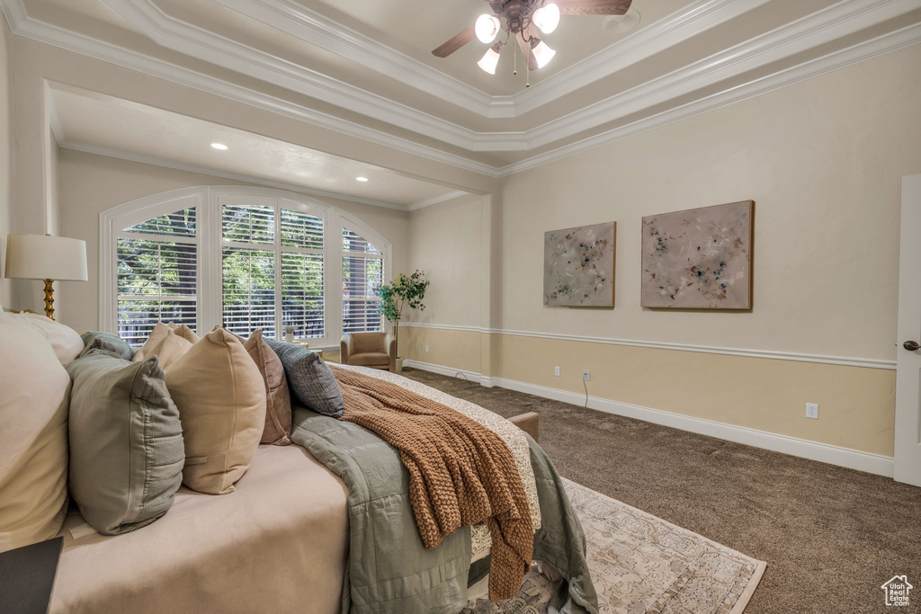 Carpeted bedroom featuring a raised ceiling, ornamental molding, and ceiling fan