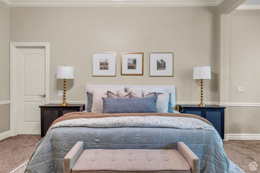 Bedroom with carpet flooring and crown molding