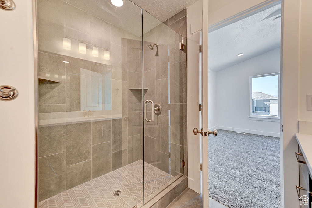 Bathroom featuring vaulted ceiling, vanity, and an enclosed shower