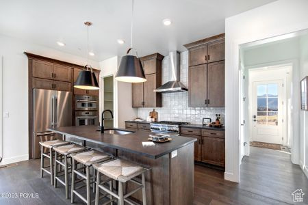 Kitchen with stainless steel appliances, dark hardwood / wood-style flooring, an island with sink, wall chimney exhaust hood, and sink