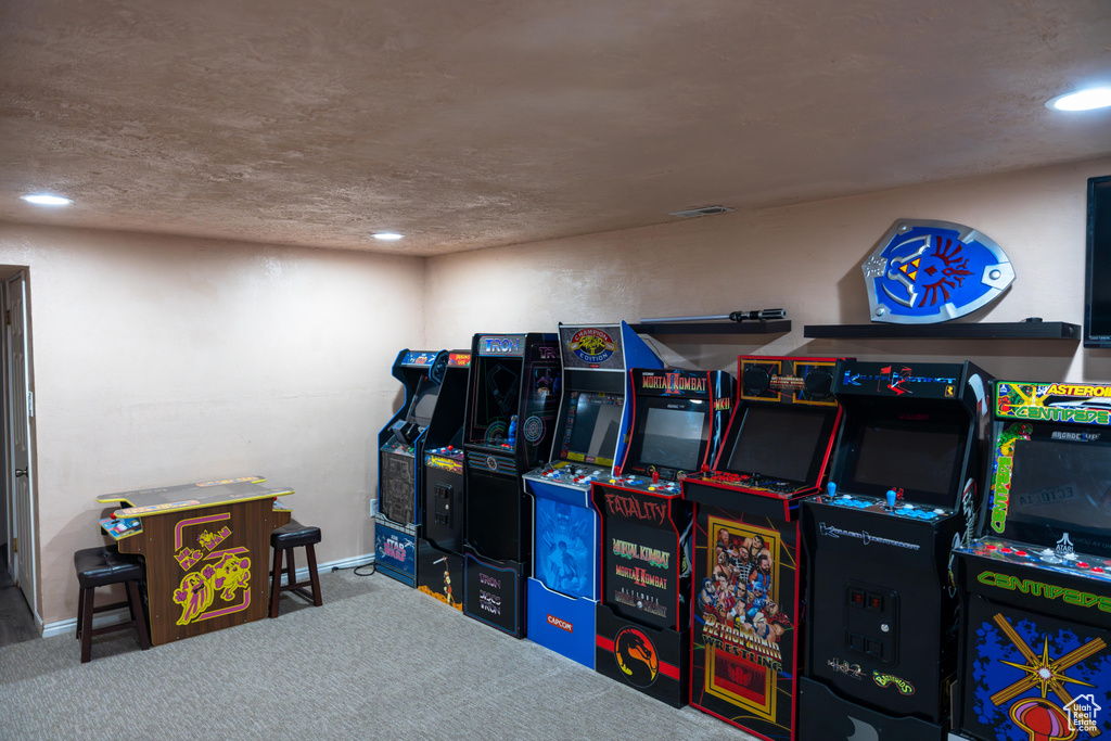 Playroom with a textured ceiling and carpet flooring