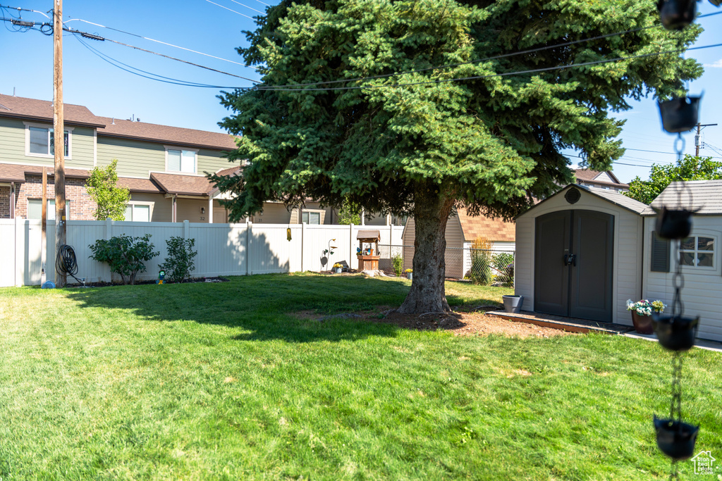 View of yard featuring a shed