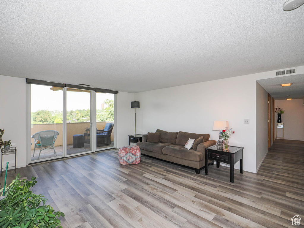 Living room featuring a textured ceiling and wood-type flooring