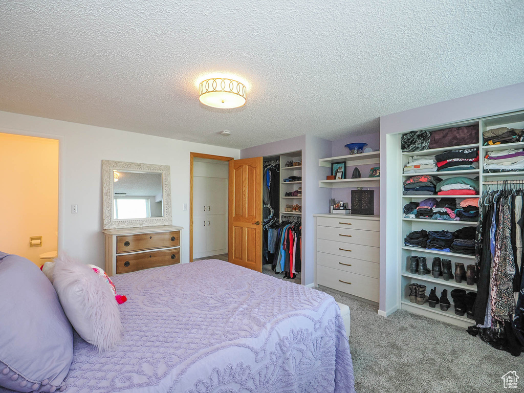 Bedroom featuring carpet floors and a textured ceiling