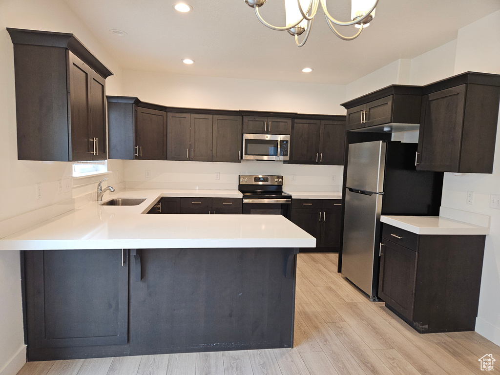 Kitchen featuring light hardwood / wood-style flooring, stainless steel appliances, sink, kitchen peninsula, and dark brown cabinets