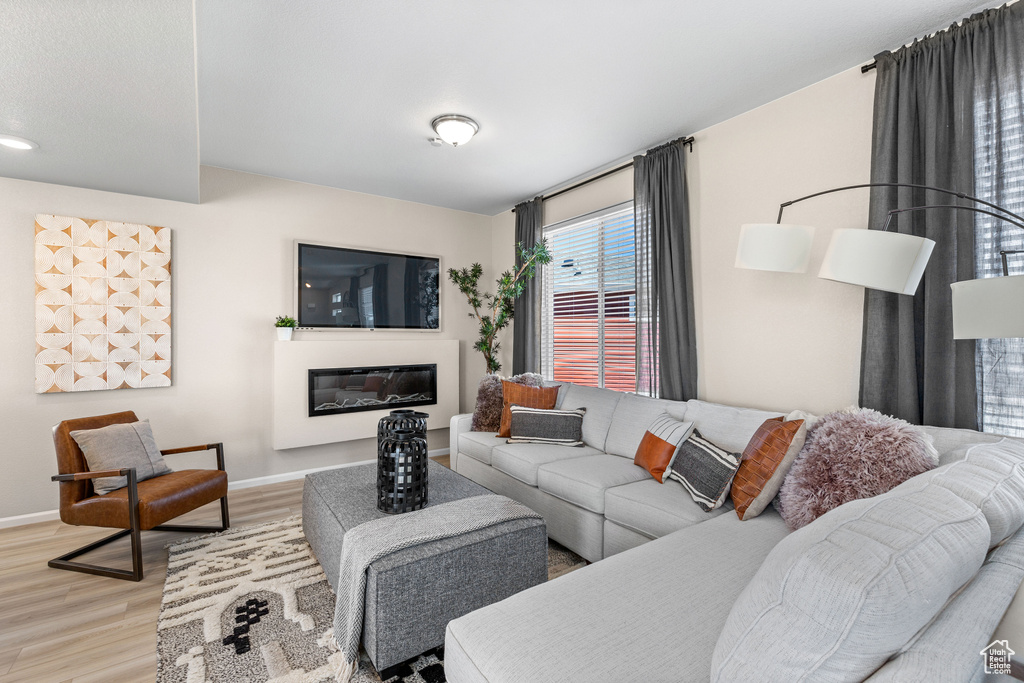 Living room with light hardwood / wood-style flooring