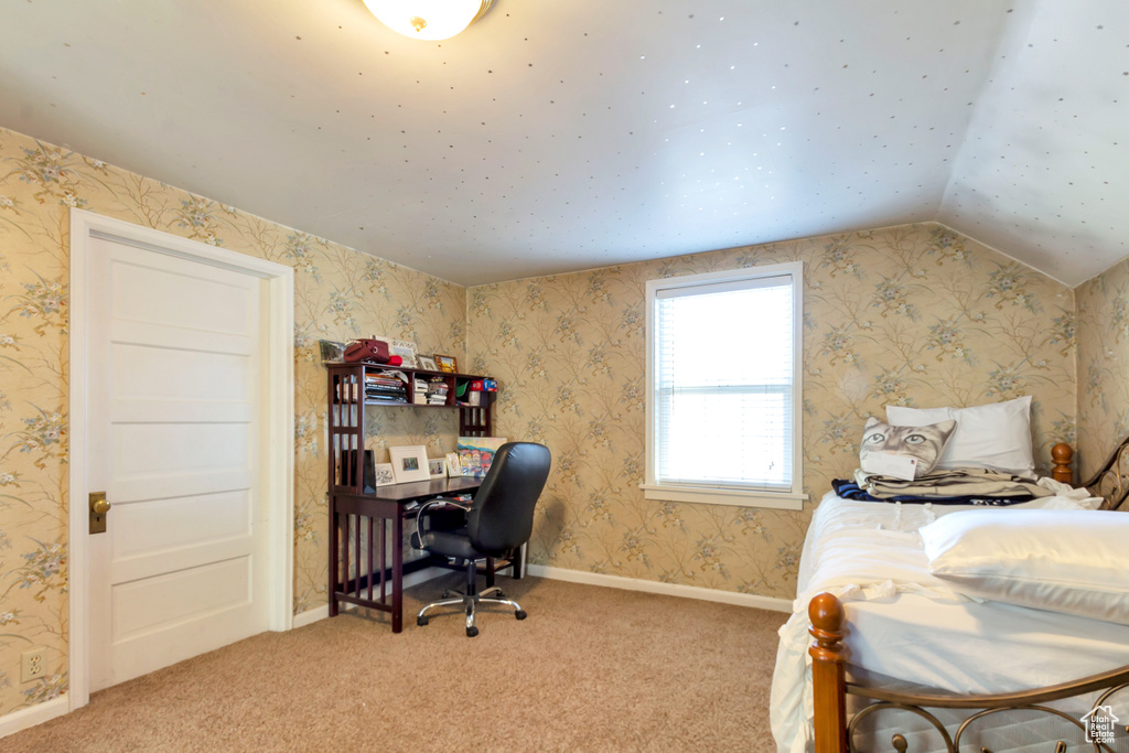 Carpeted bedroom with lofted ceiling