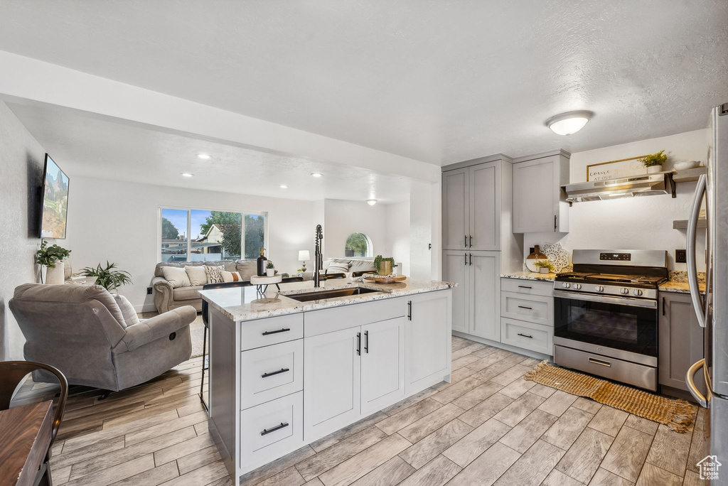 Kitchen featuring appliances with stainless steel finishes, sink, light stone counters, light hardwood / wood-style floors, and an island with sink