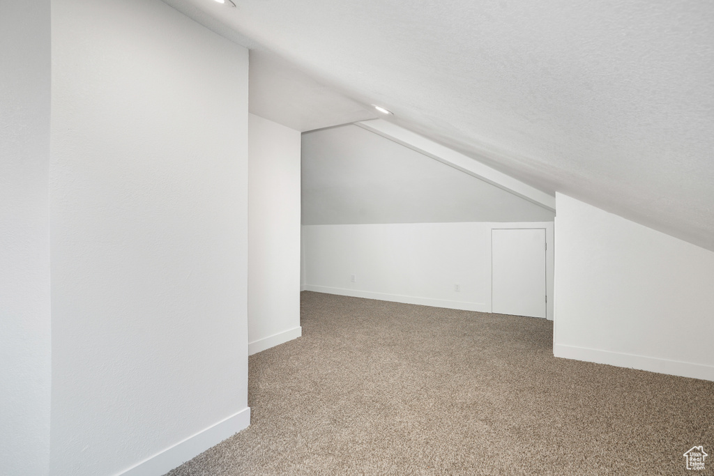 Additional living space featuring carpet floors, a textured ceiling, and vaulted ceiling