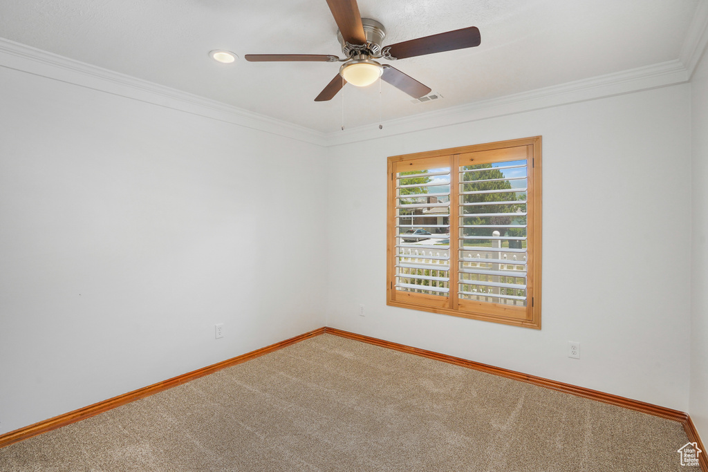 Unfurnished room featuring crown molding, carpet, and ceiling fan