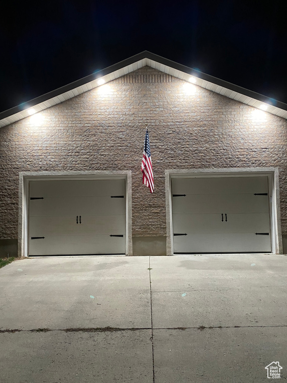 View of garage at night