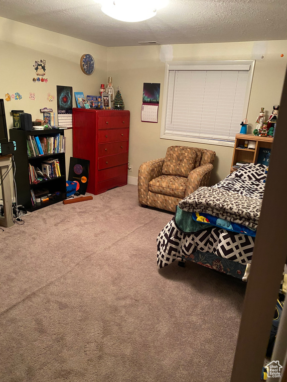 Bedroom with carpet and a textured ceiling