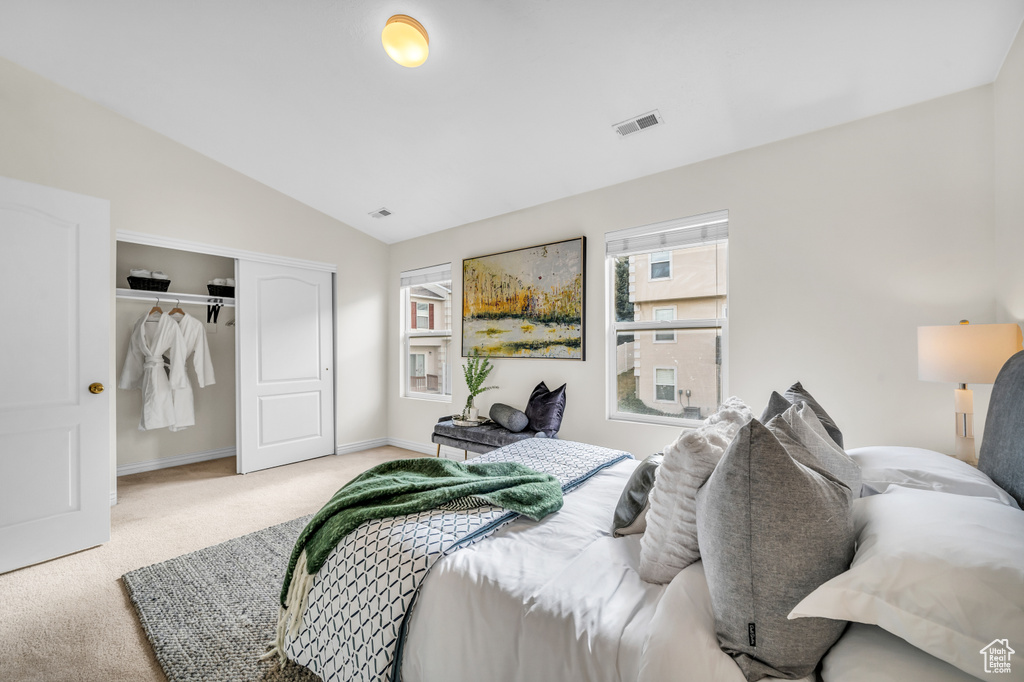 Carpeted bedroom with a closet and lofted ceiling