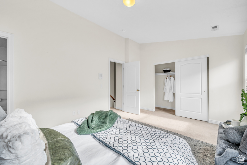 Carpeted bedroom with a closet and lofted ceiling