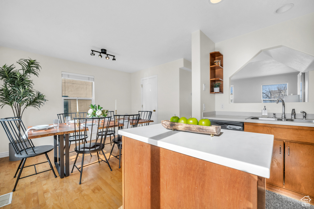 Kitchen featuring light hardwood / wood-style floors, sink, a healthy amount of sunlight, and rail lighting