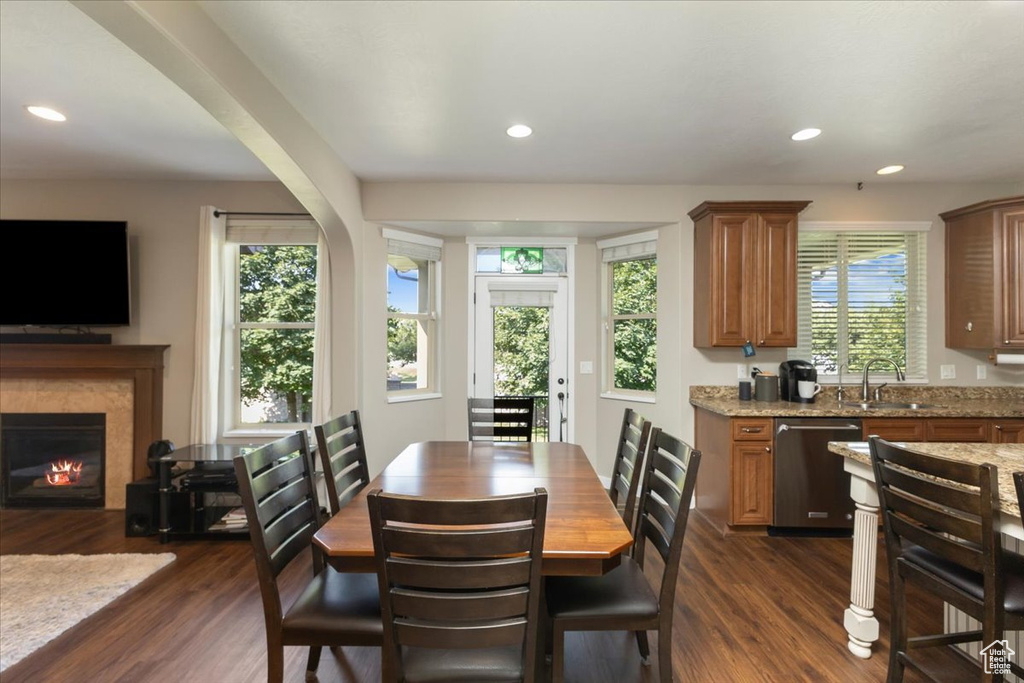 Dining area featuring a premium fireplace, sink, and dark hardwood / wood-style floors