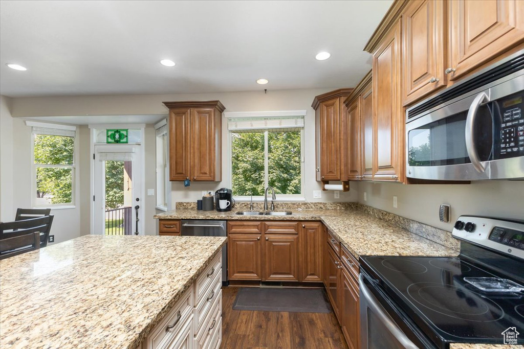 Kitchen featuring plenty of natural light, sink, dark wood-type flooring, and stainless steel appliances