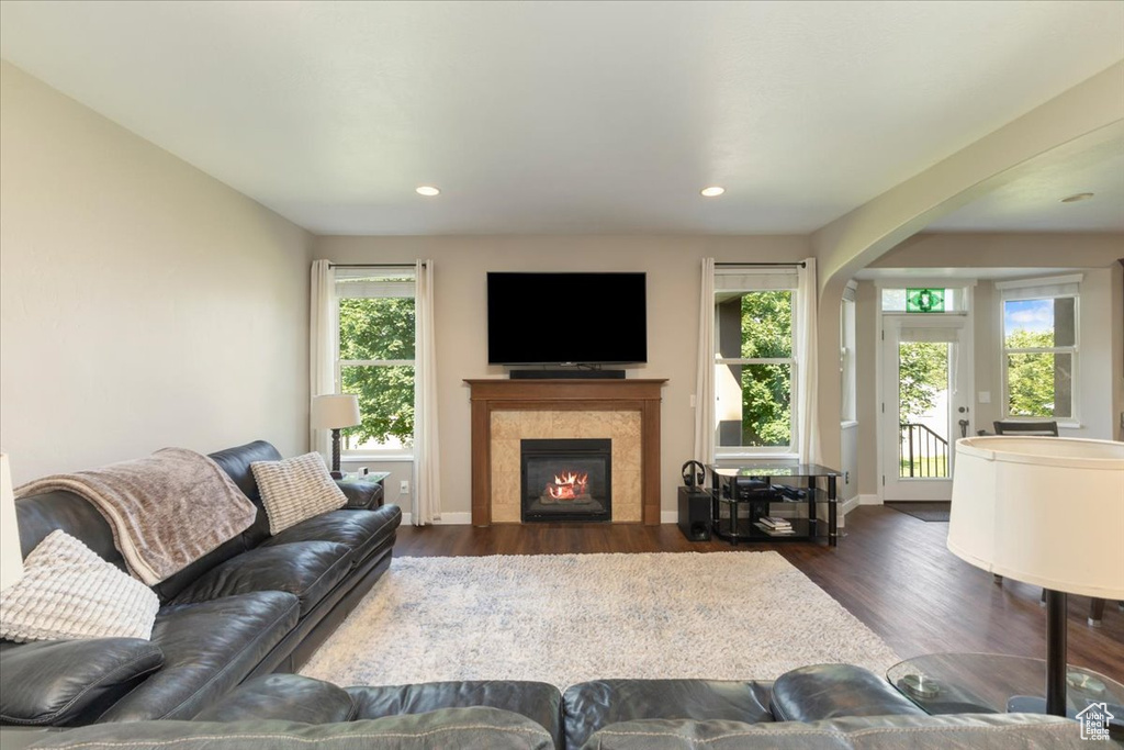 Living room with dark wood-type flooring