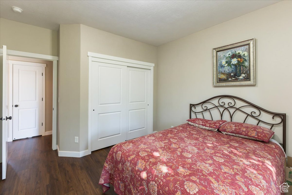 Bedroom with dark hardwood / wood-style floors and a closet